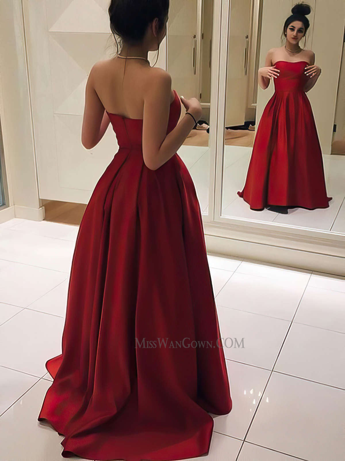 Strapless satin prom dresses customized sweep train evening dresses LF846