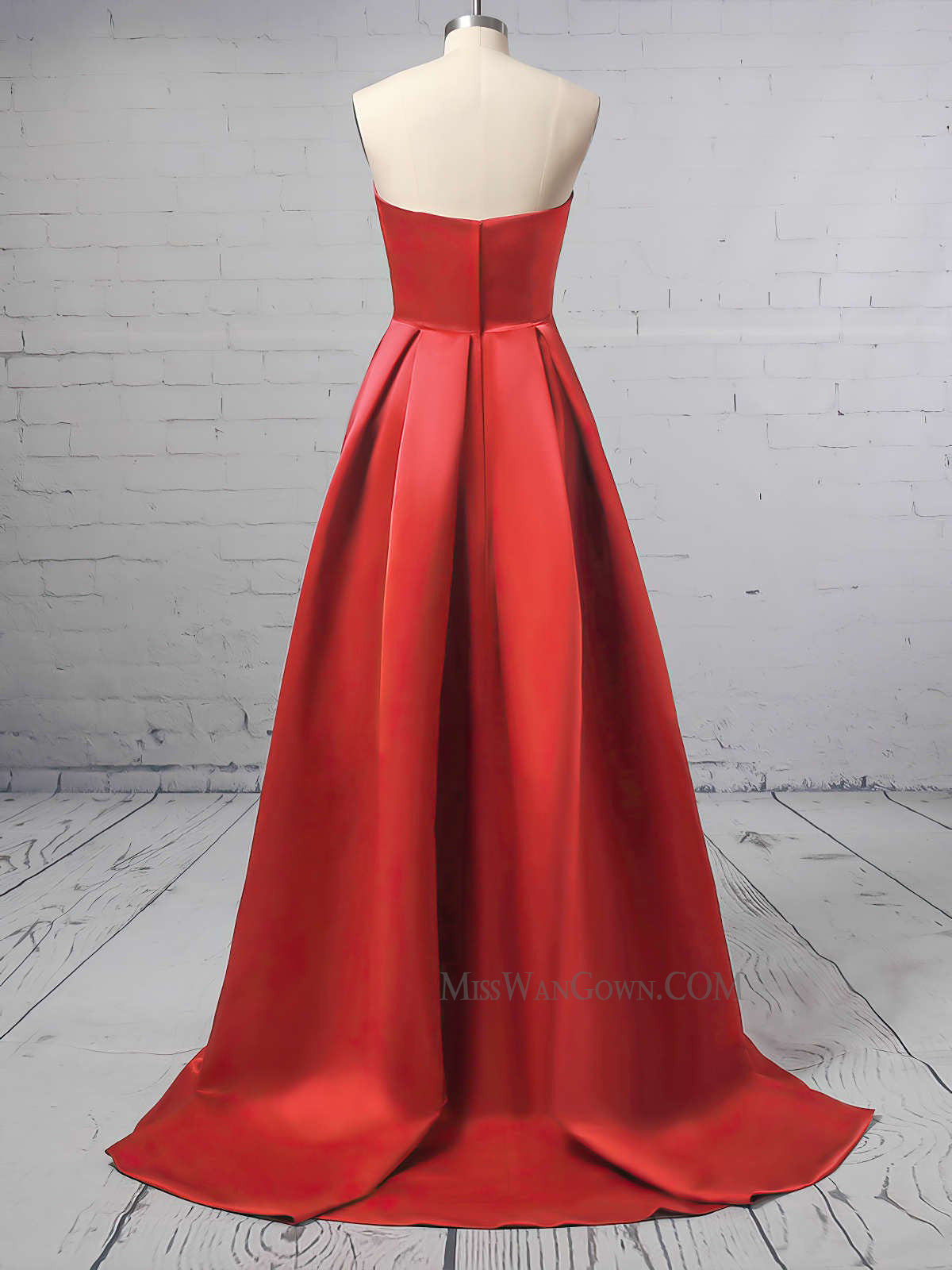 Strapless satin prom dresses customized sweep train evening dresses LF846