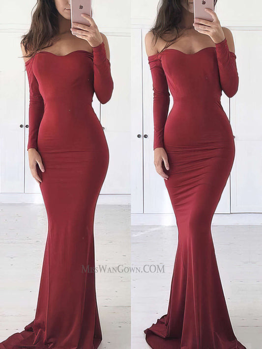 Sweetheart long sleeves mermaid satin prom dresses customized sweep train evening dresses LF842