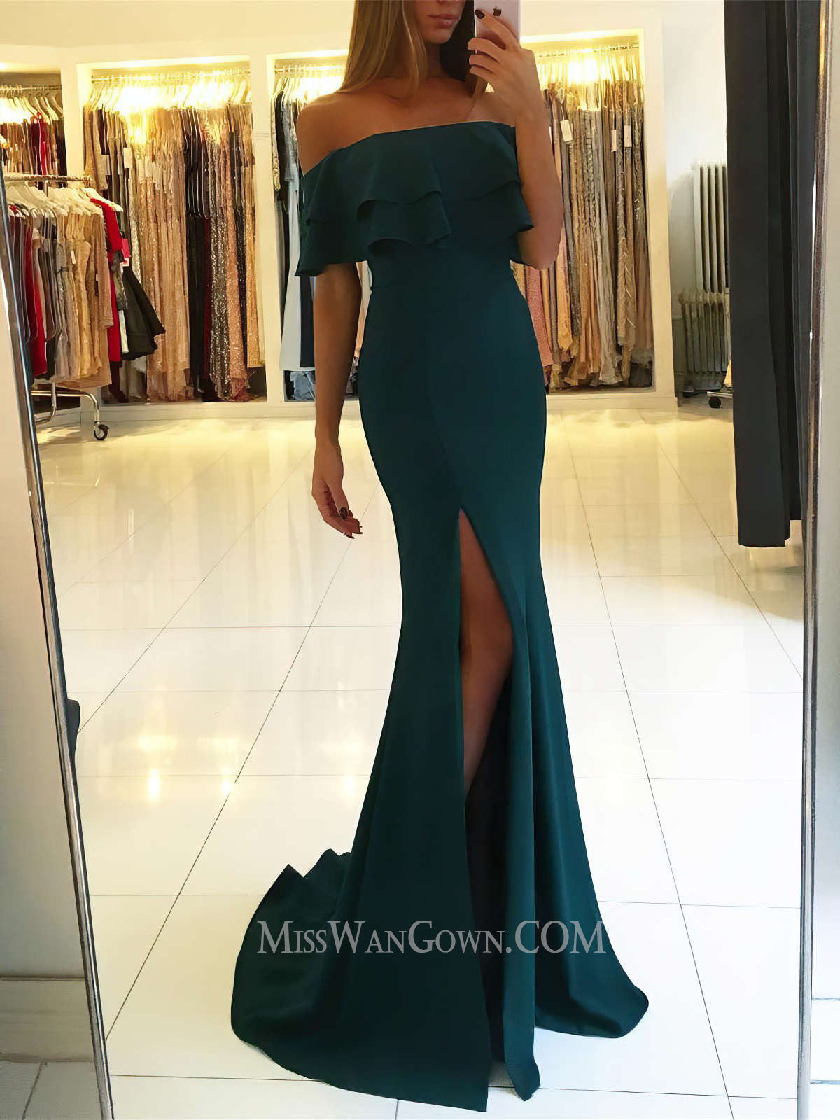 Off shoulder satin evening dresses mermaid customized sweep train prom dresses LF840