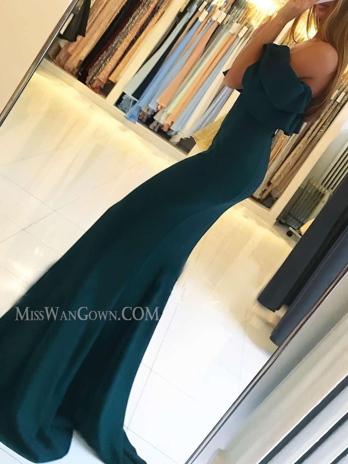 Off shoulder satin evening dresses mermaid customized sweep train prom dresses LF840