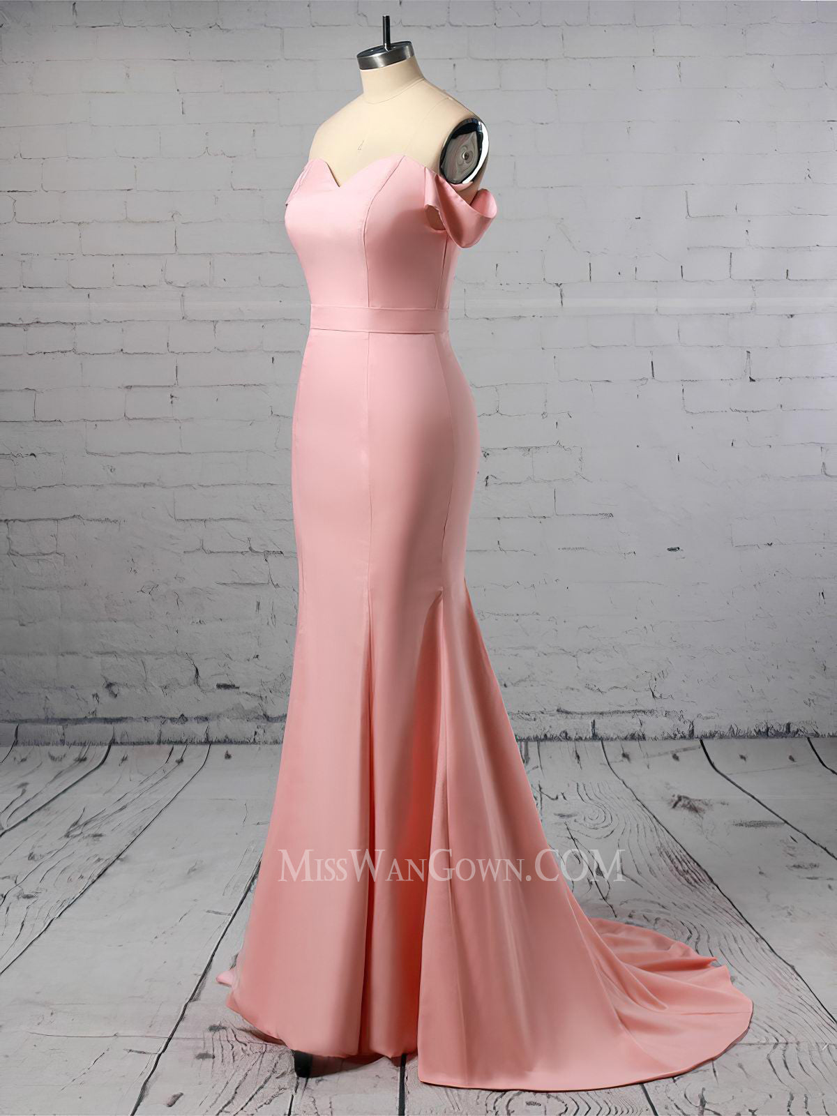 Off shoulder satin prom dresses mermaid sweep train evening dresses LF838