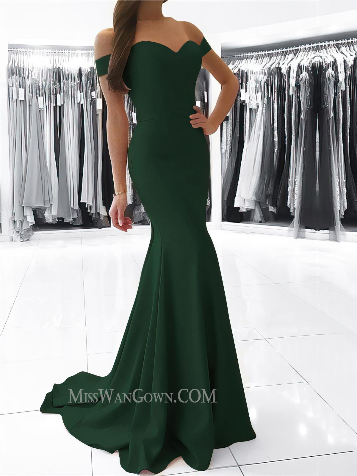 Off shoulder satin prom dresses mermaid sweep train evening dresses LF838