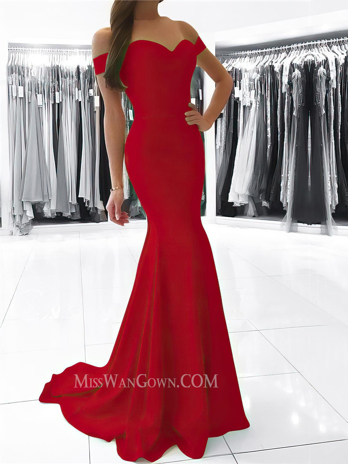 Off shoulder satin prom dresses mermaid sweep train evening dresses LF838