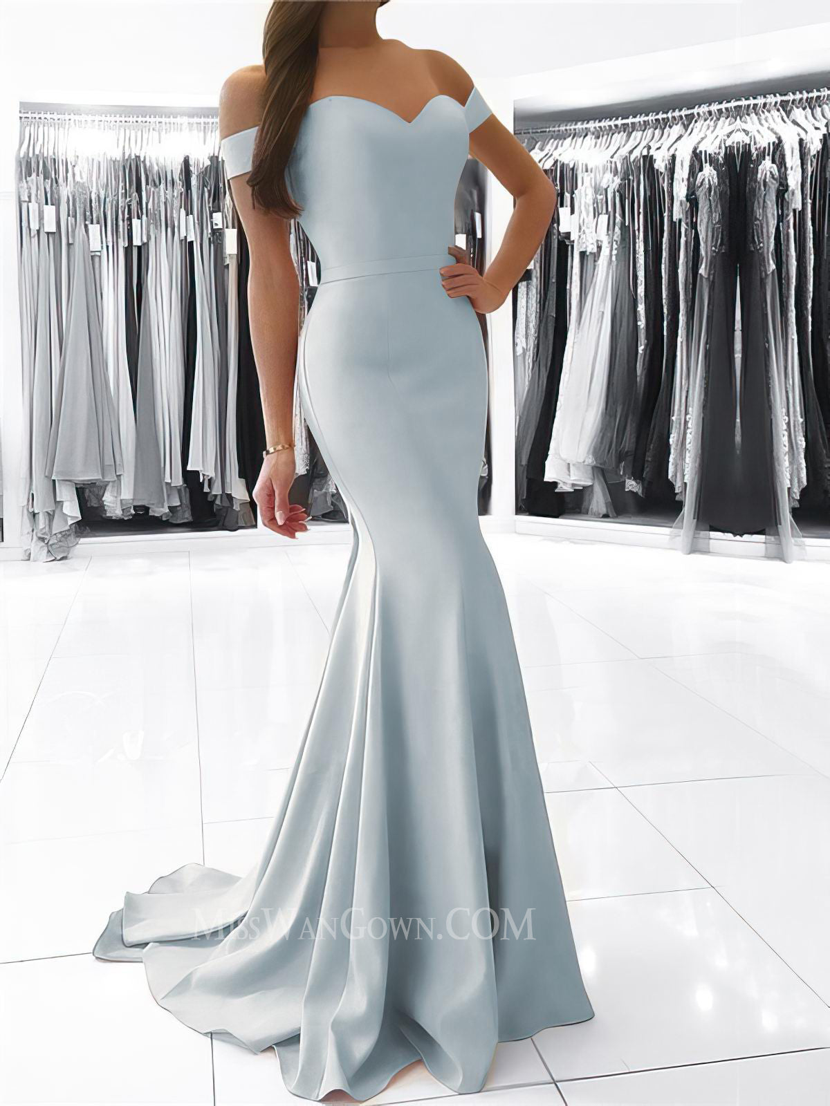 Off shoulder satin prom dresses mermaid sweep train evening dresses LF838