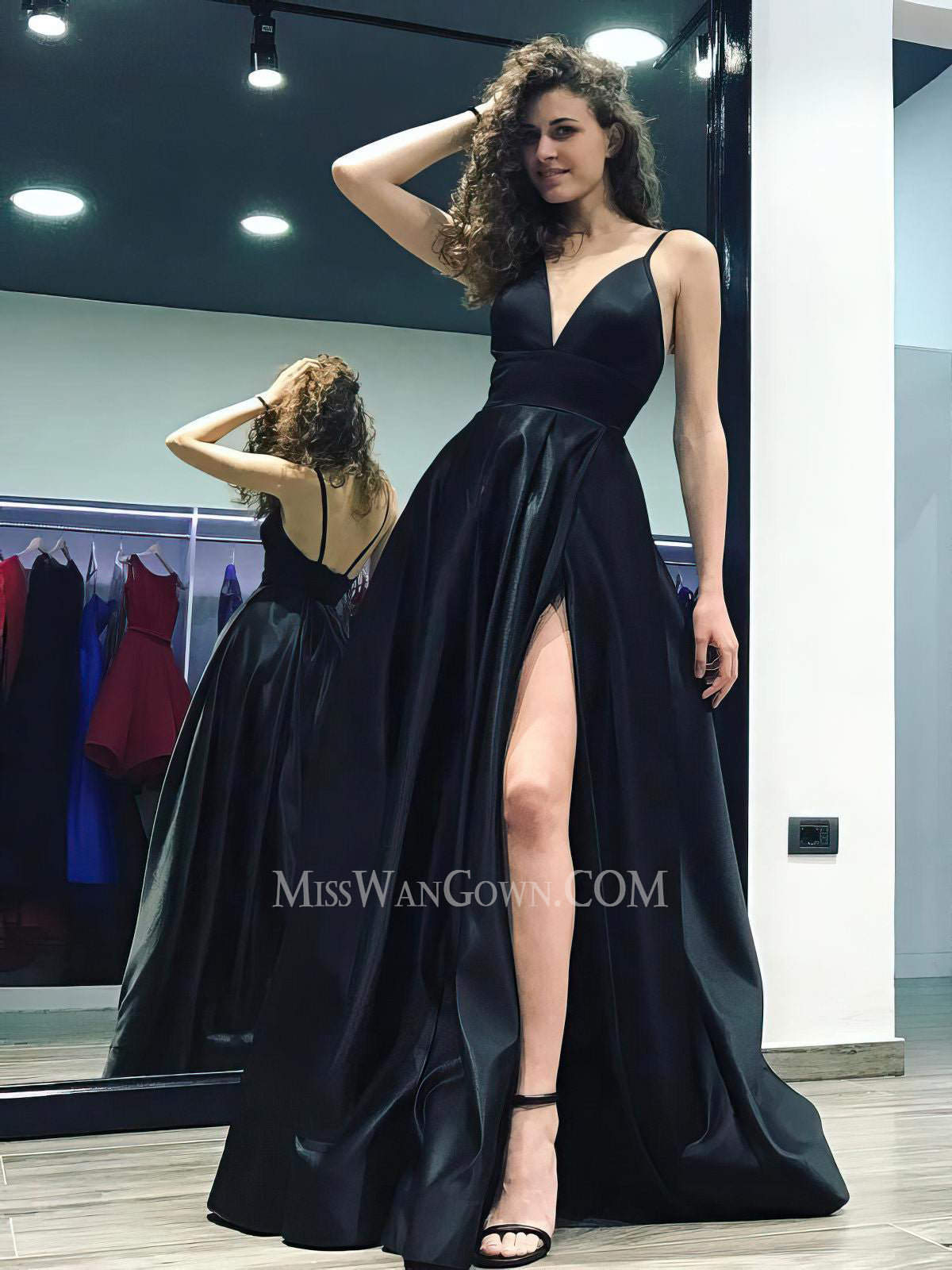 Spaghetti strap deep v neck satin prom dresses high split sweep train evening dresses LF837