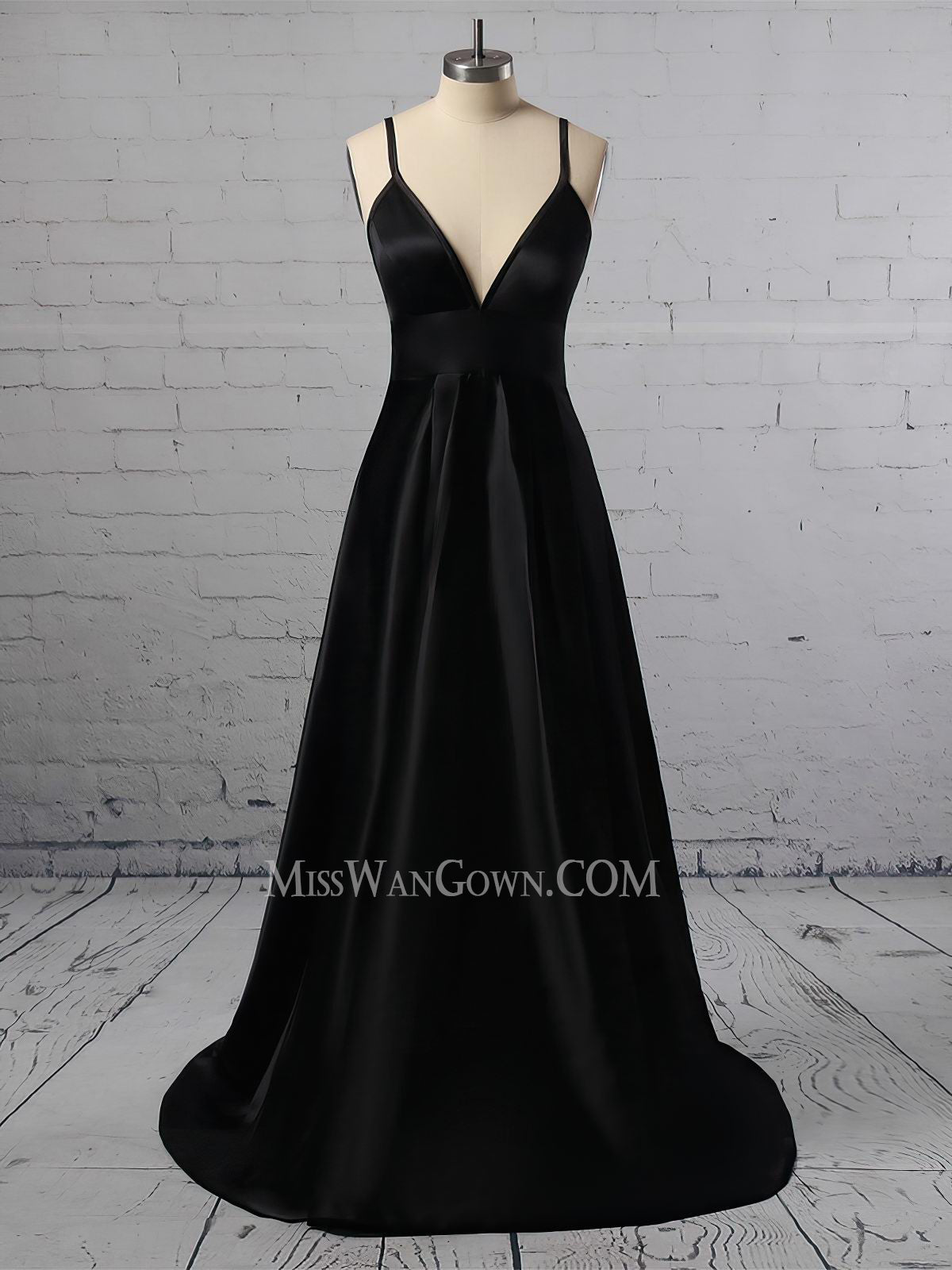 Spaghetti strap deep v neck satin prom dresses high split sweep train evening dresses LF837