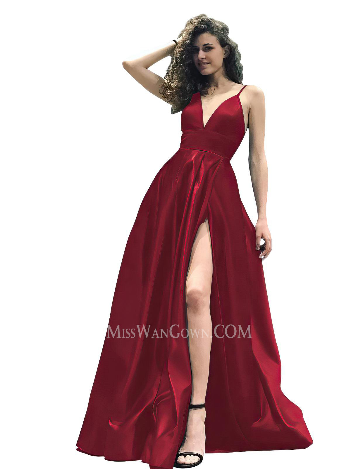 Spaghetti strap deep v neck satin prom dresses high split sweep train evening dresses LF837