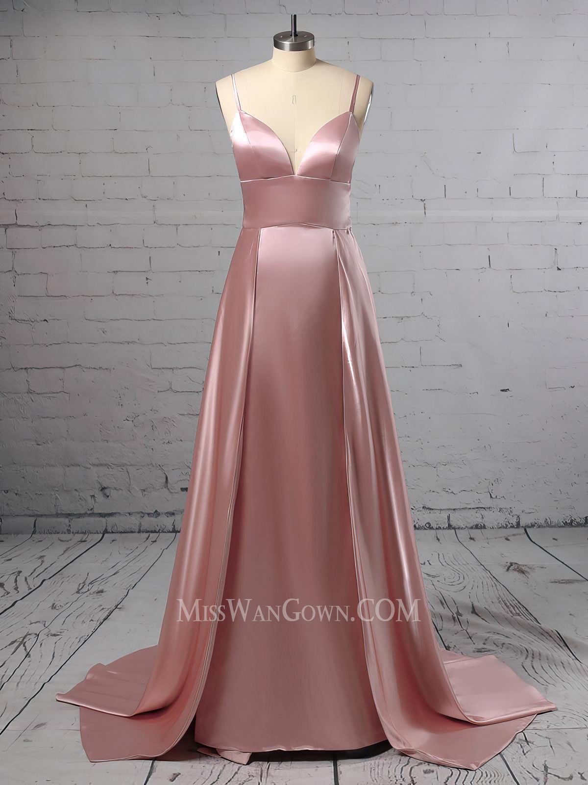 Spaghetti strap v neck satin prom dresses high split customized evening dresses LF836