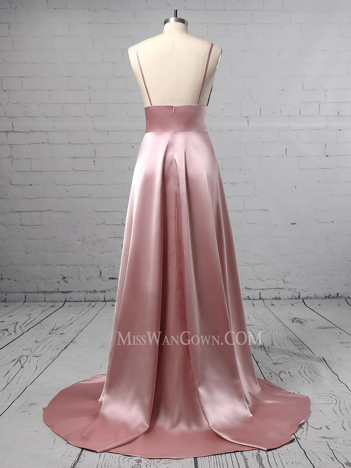 Spaghetti strap v neck satin prom dresses high split customized evening dresses LF836