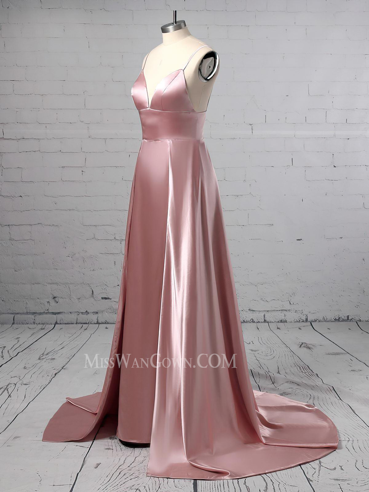 Spaghetti strap v neck satin prom dresses high split customized evening dresses LF836