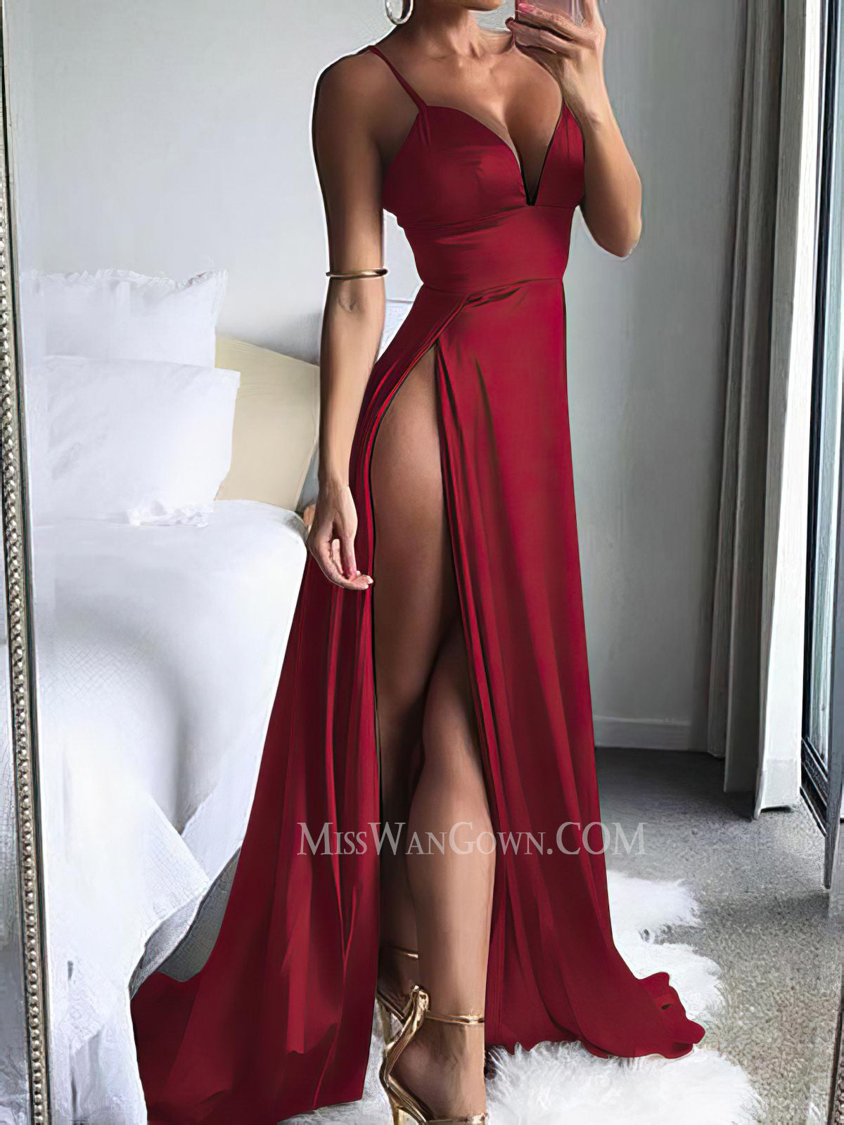 Spaghetti strap v neck satin prom dresses high split customized evening dresses LF836