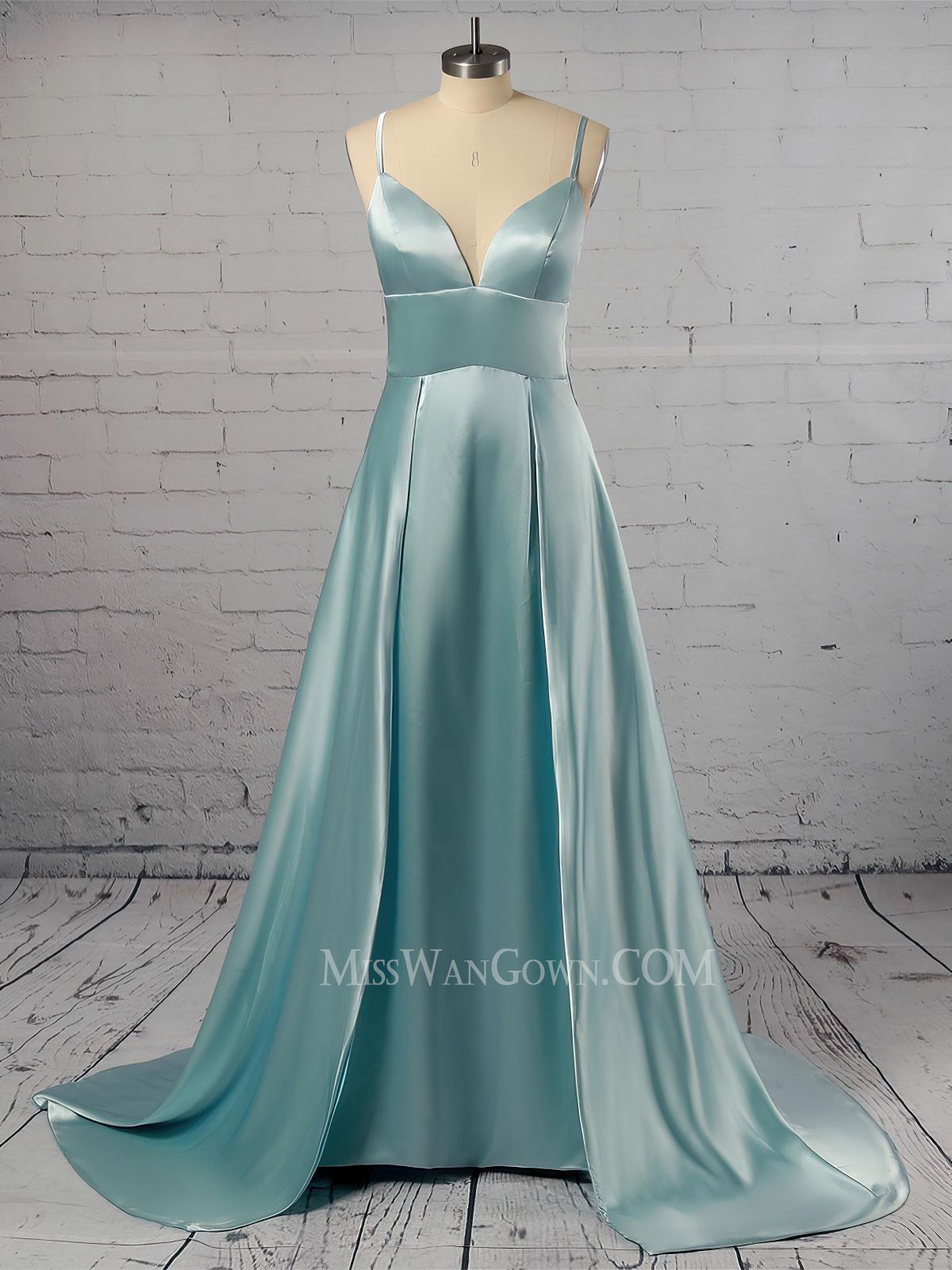 Spaghetti strap v neck satin prom dresses high split customized evening dresses LF836