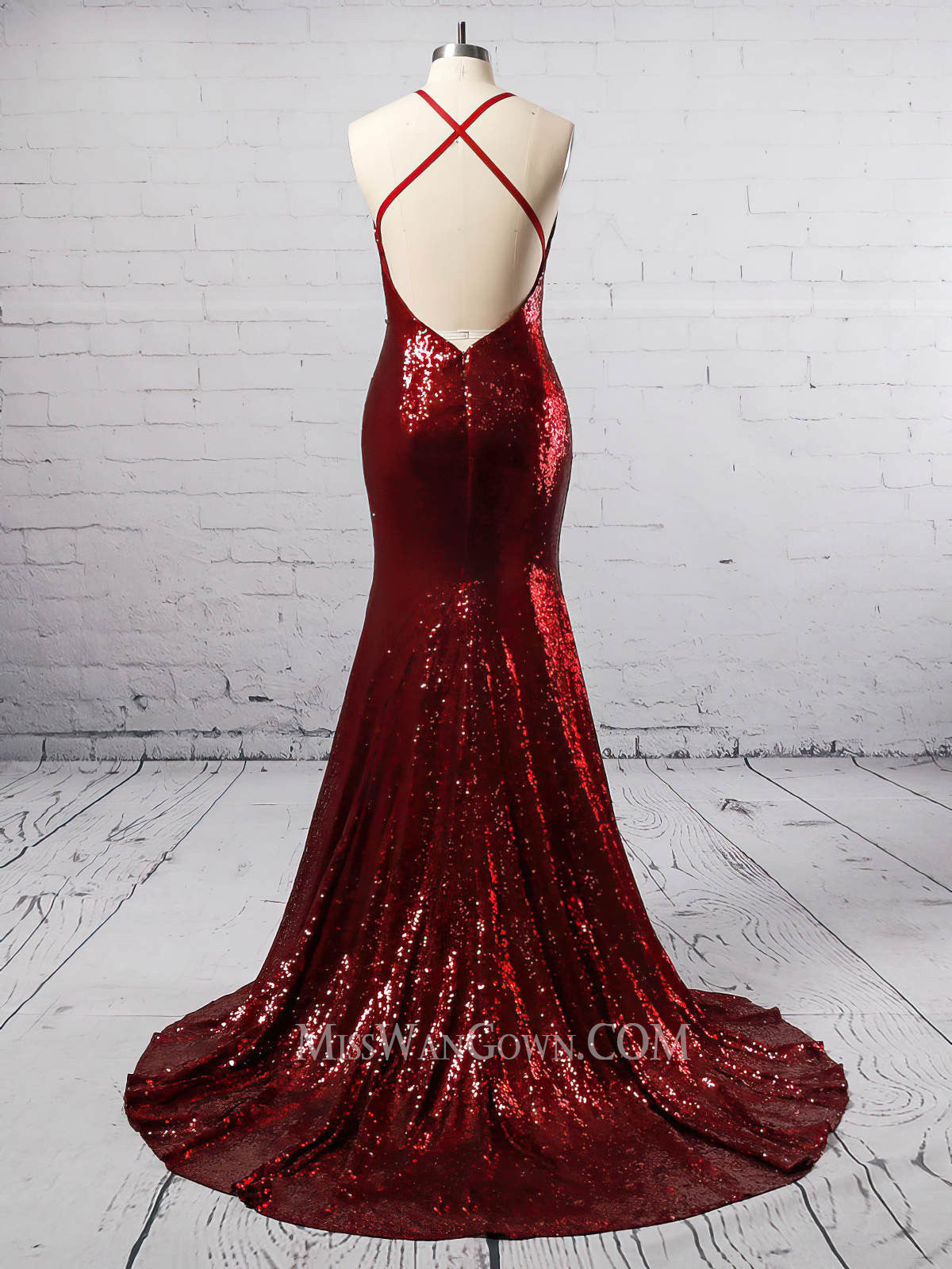 Spaghetti strap v neck sequins prom dresses backless sweep train evening dresses LF835