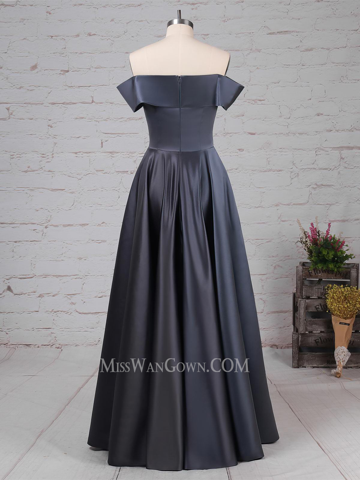 Off shoulder satin customized prom dresses a line floor length evening dresses LF833