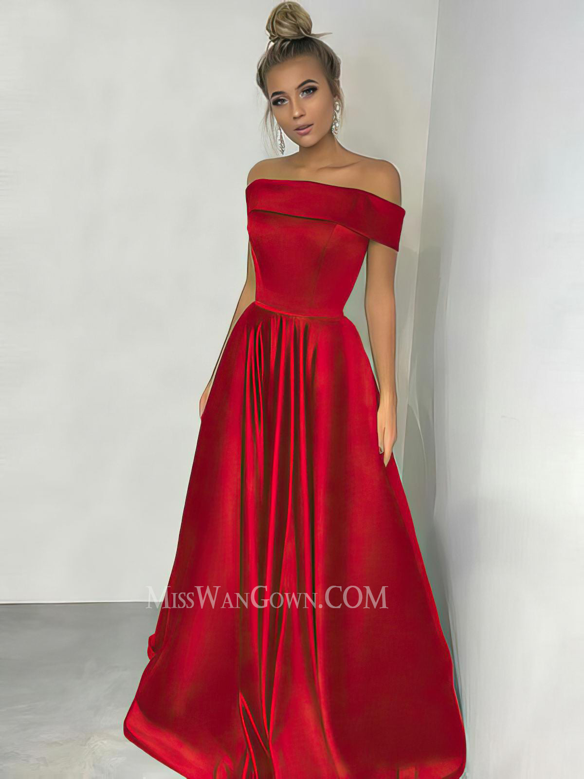 Off shoulder satin customized prom dresses a line floor length evening dresses LF833