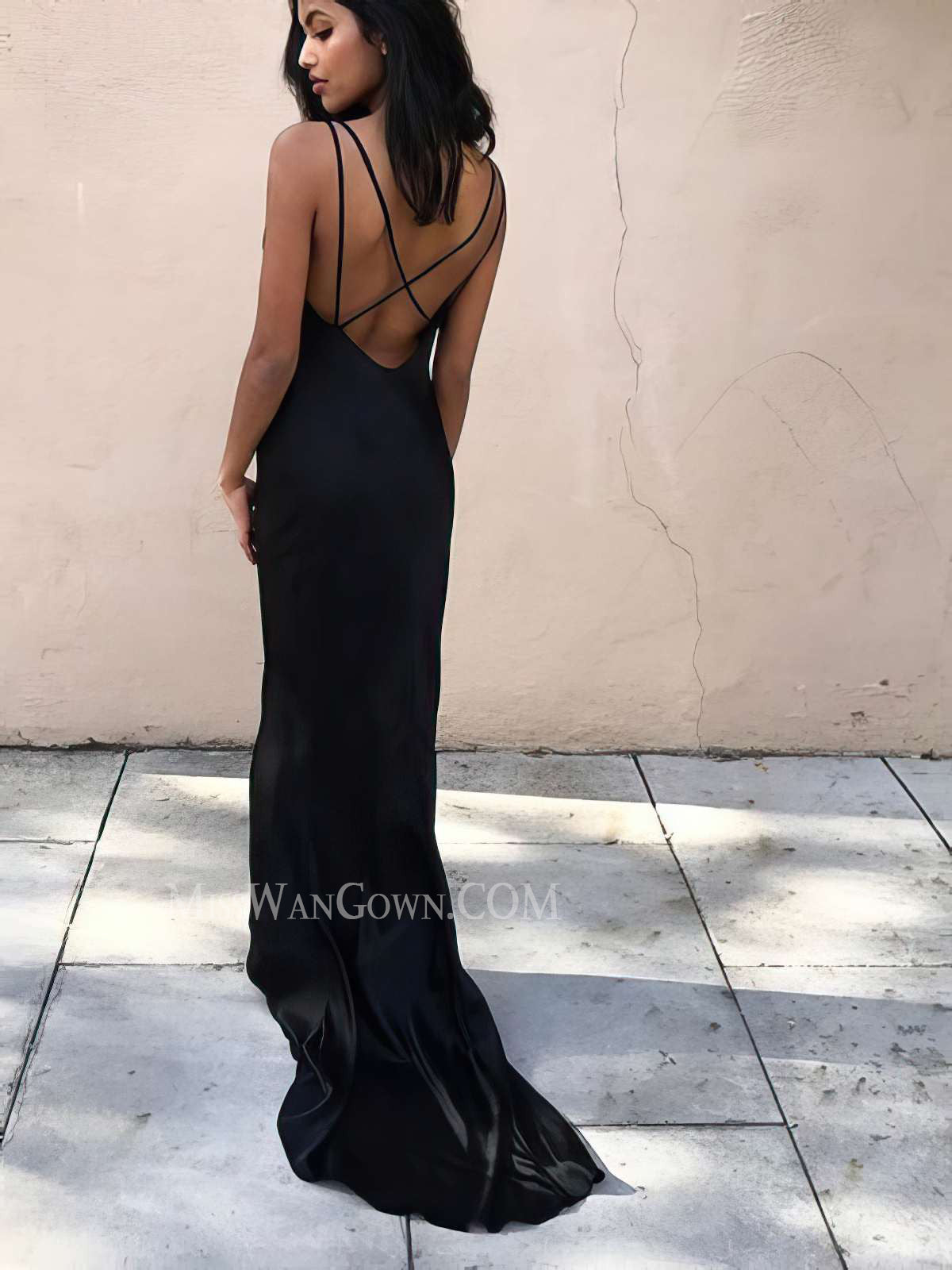 Spaghetti strap v neck satin prom dresses sweep train mermaid evening dresses LF831