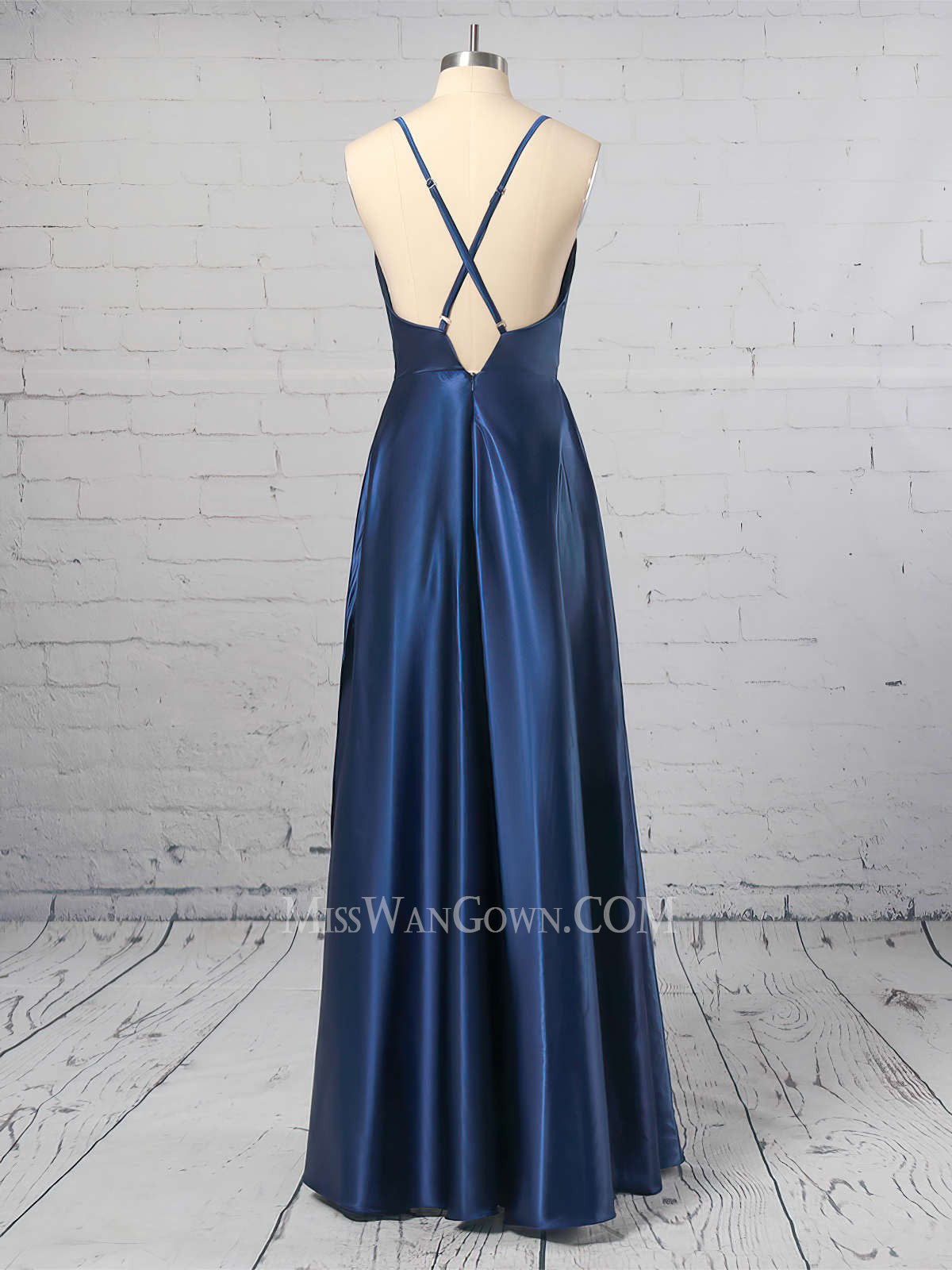 Spaghetti strap satin prom dresses high split floor length evening dresses LF830