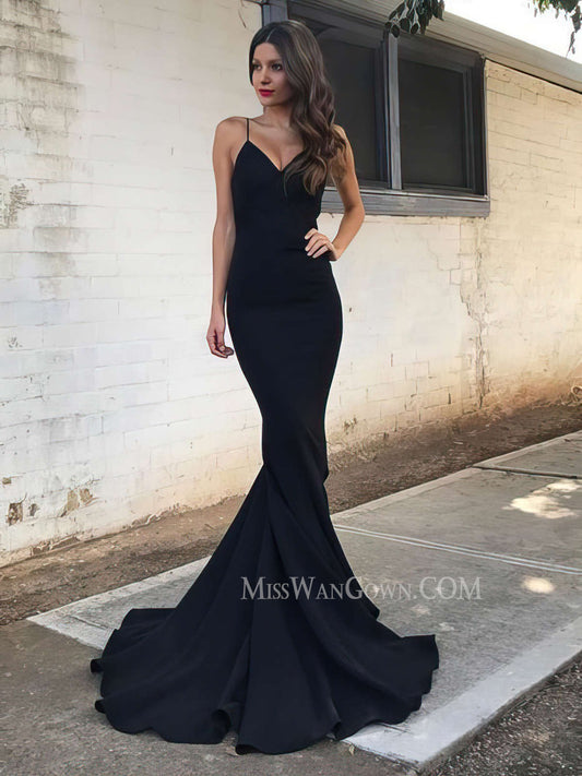 Spaghetti strap v neck satin prom dresses mermaid sweep train evening dresses LF829