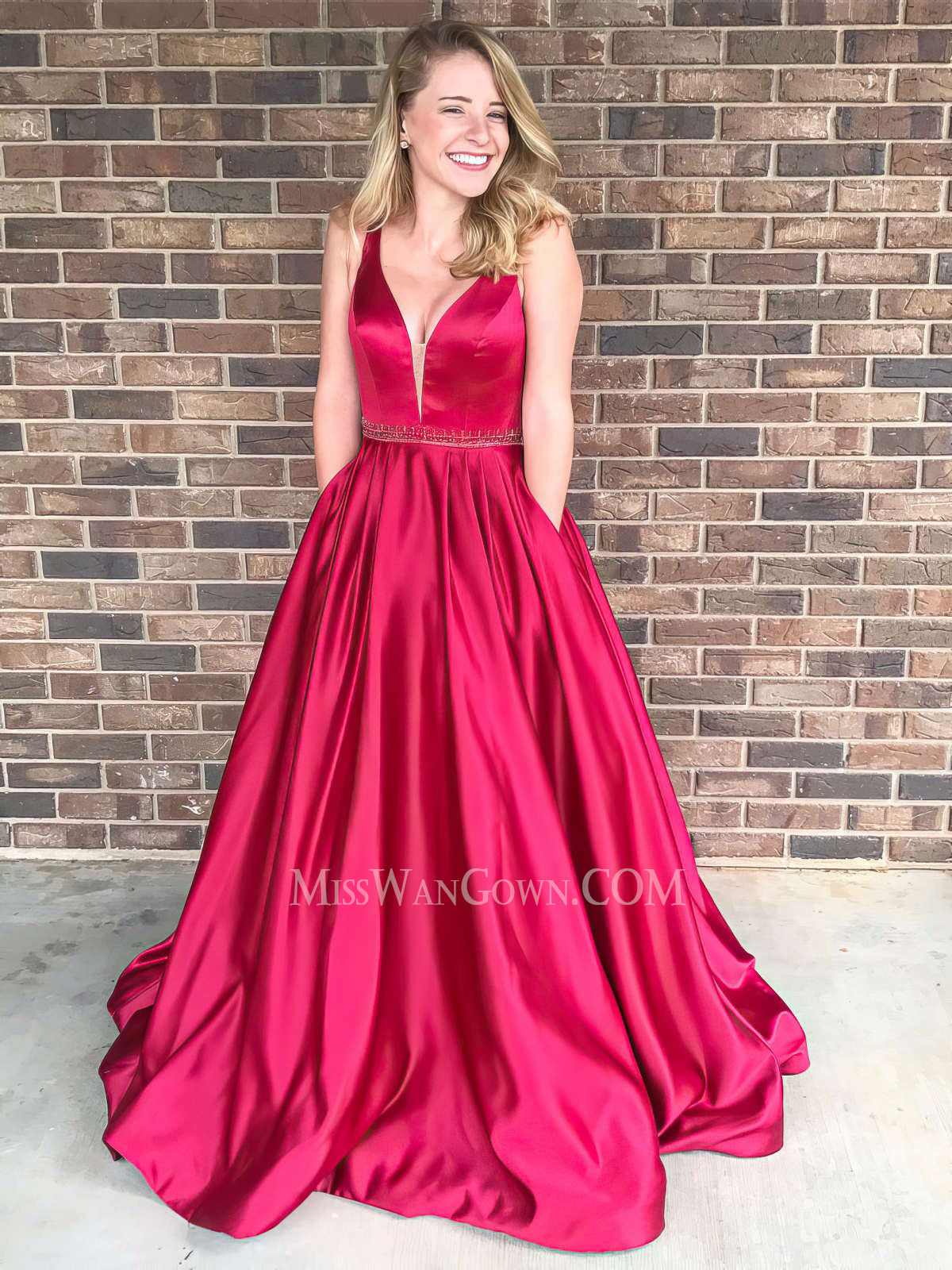 Sexy v neck satin a line prom dresses customized sweep train evening dresses LF825