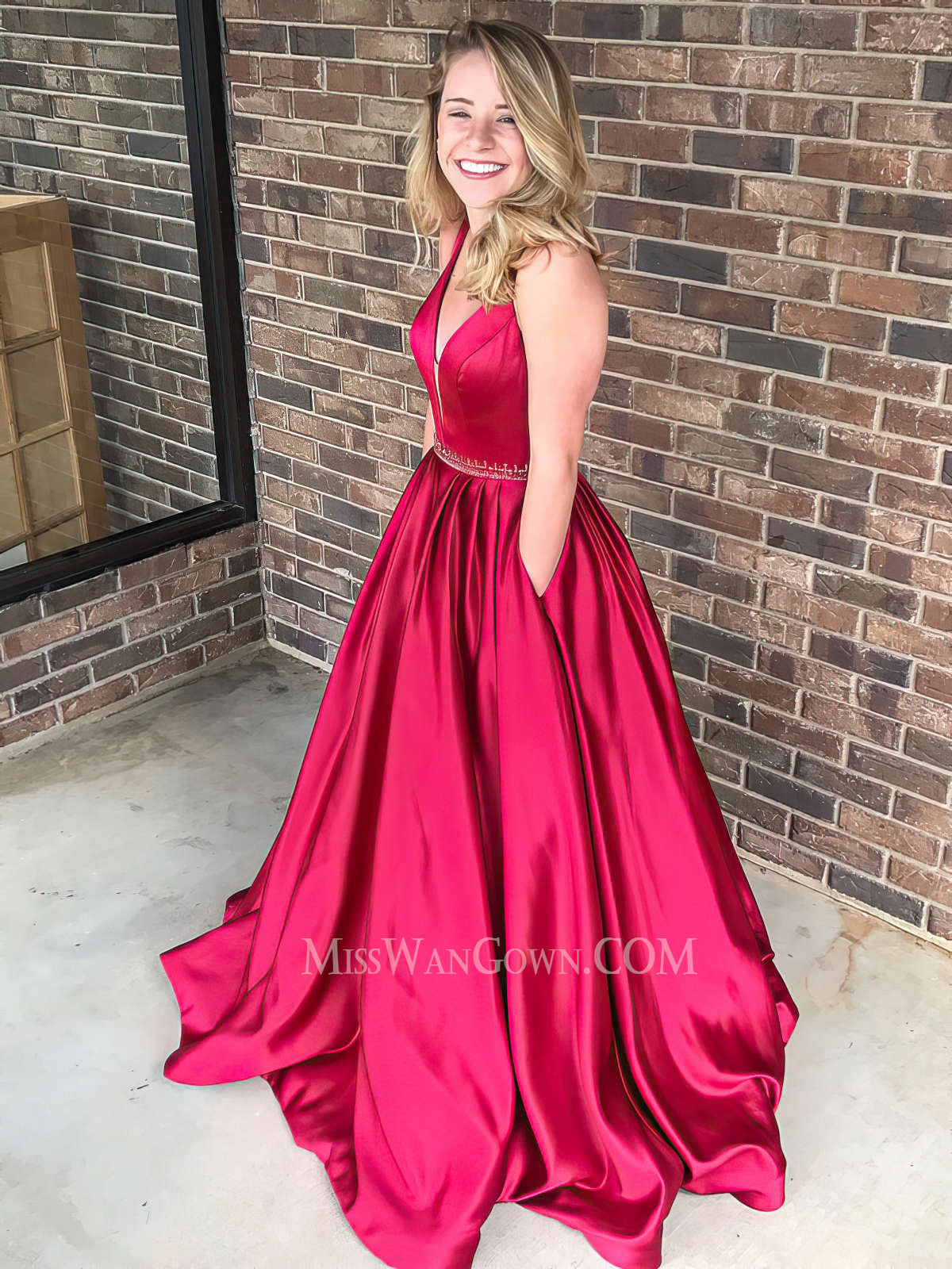 Sexy v neck satin a line prom dresses customized sweep train evening dresses LF825