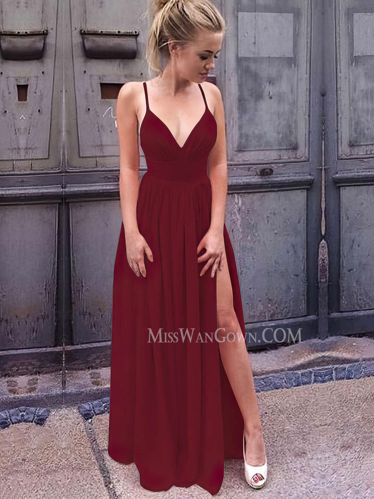 Sexy deep v neck spaghetti strap satin prom dresses customized high split evening dresses LF824