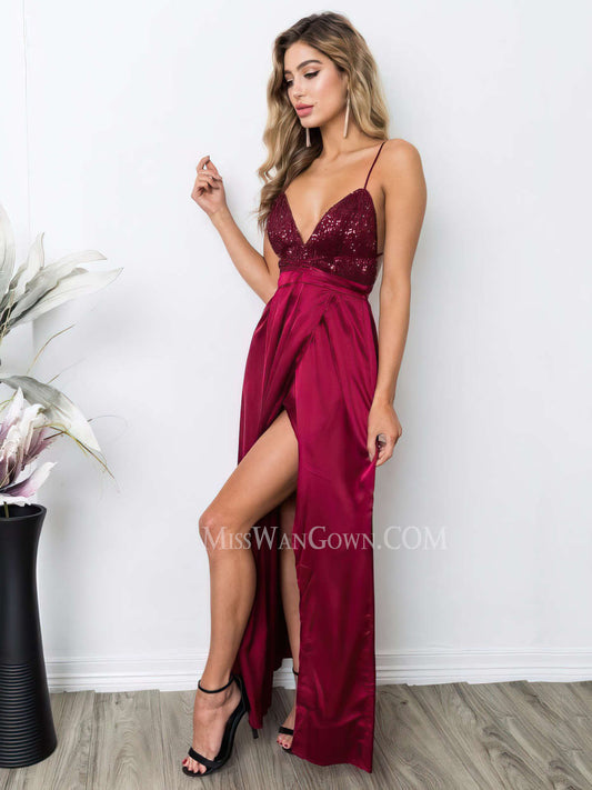 Spaghetti strap deep v neck satin sequins prom dresses high split satin evening dresses LF823