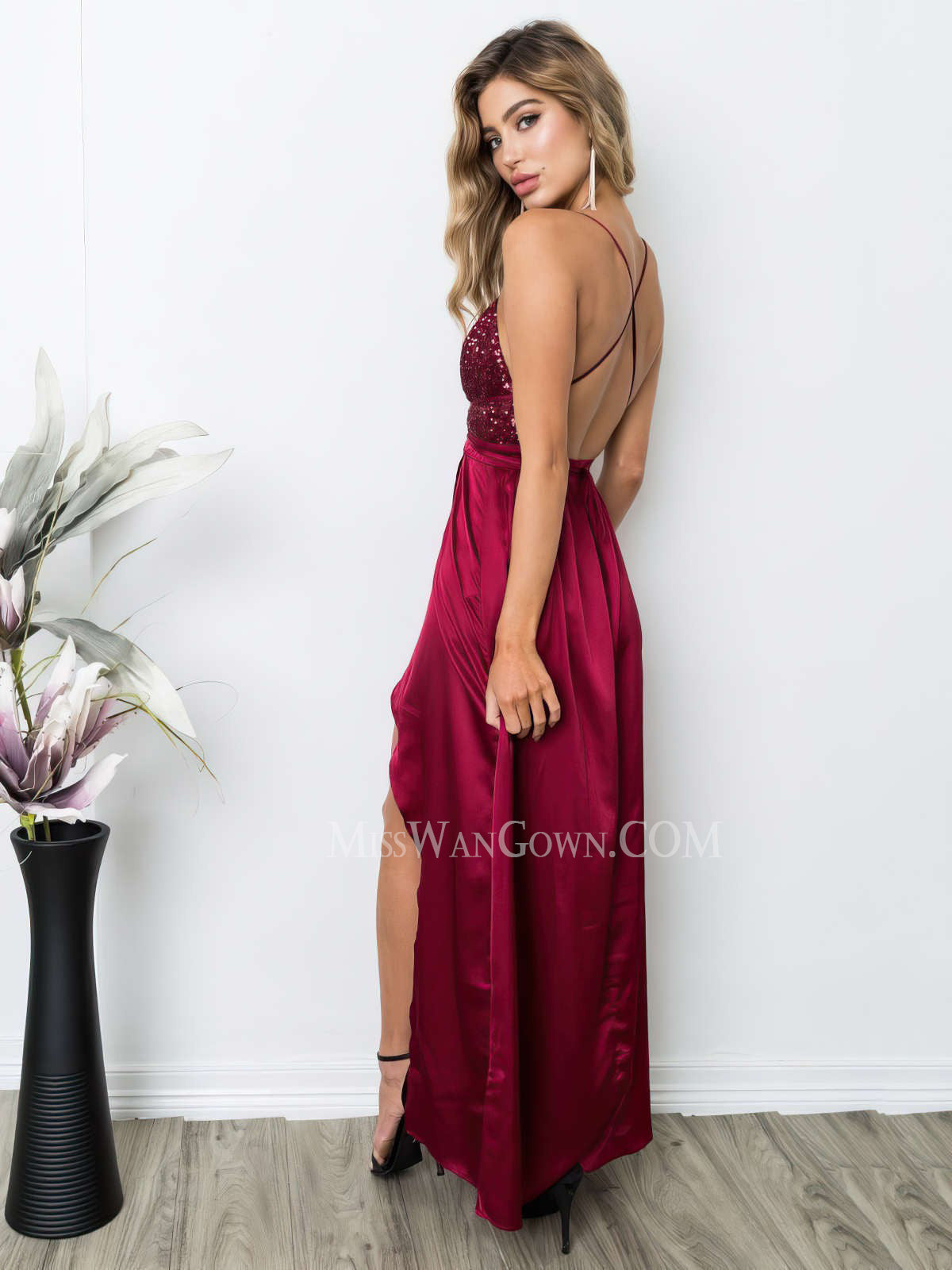 Spaghetti strap deep v neck satin sequins prom dresses high split satin evening dresses LF823