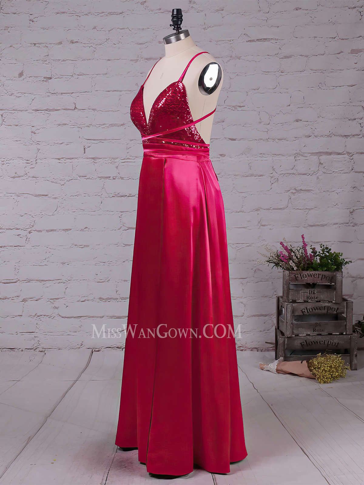 Spaghetti strap deep v neck satin sequins prom dresses high split satin evening dresses LF823