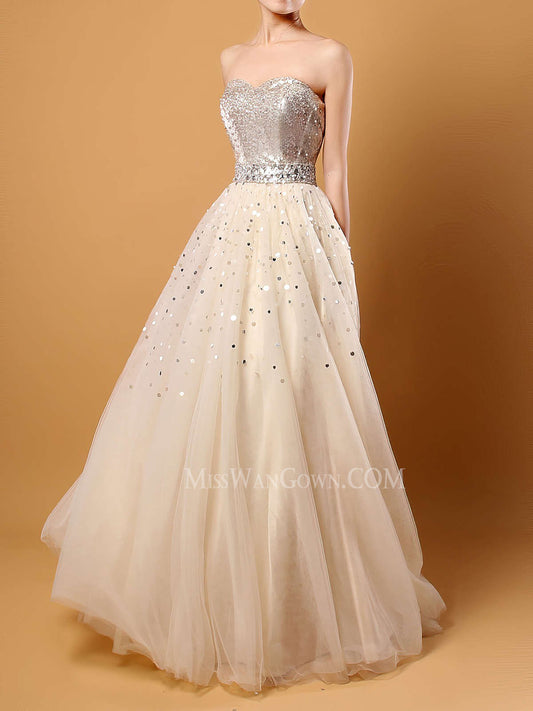 Sweetheart tulle sequins beading prom dresses customized sweep train evening dresses LF821