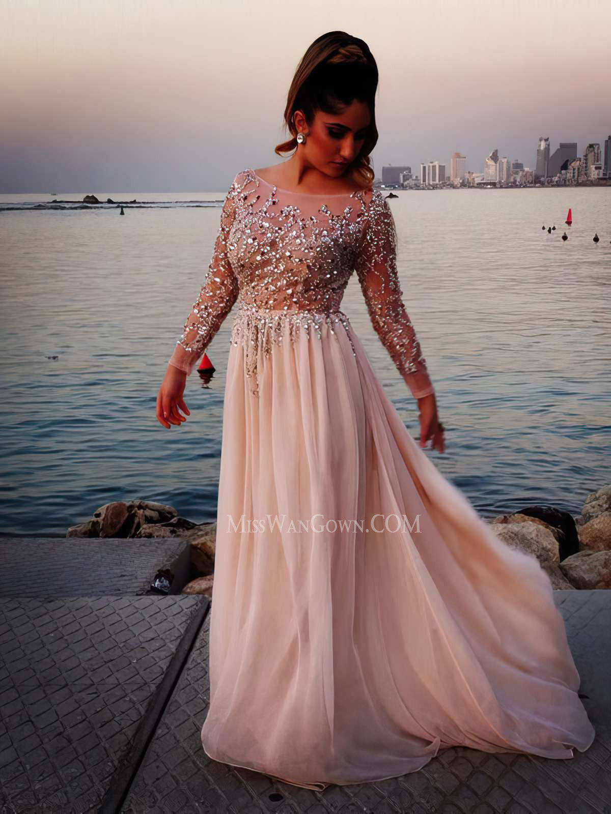 Long sleeves round neck handmade beading sequins prom dresses a line sweep train evening dresses LF820