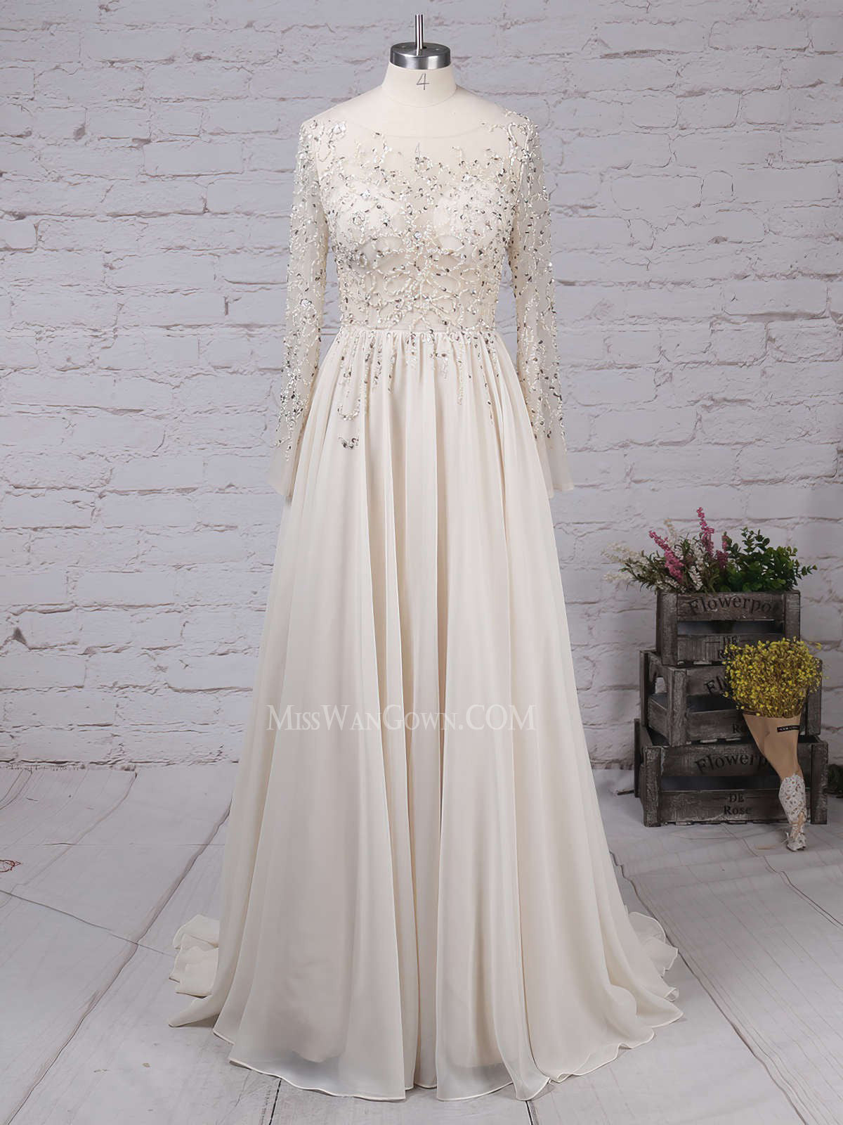 Long sleeves round neck handmade beading sequins prom dresses a line sweep train evening dresses LF820