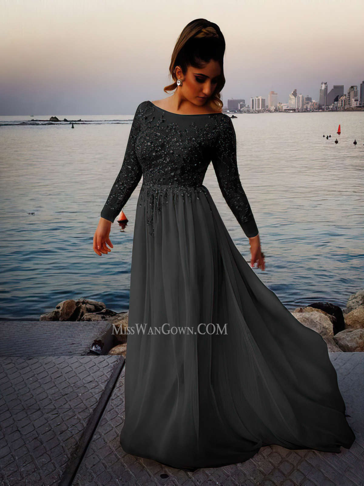 Long sleeves round neck handmade beading sequins prom dresses a line sweep train evening dresses LF820