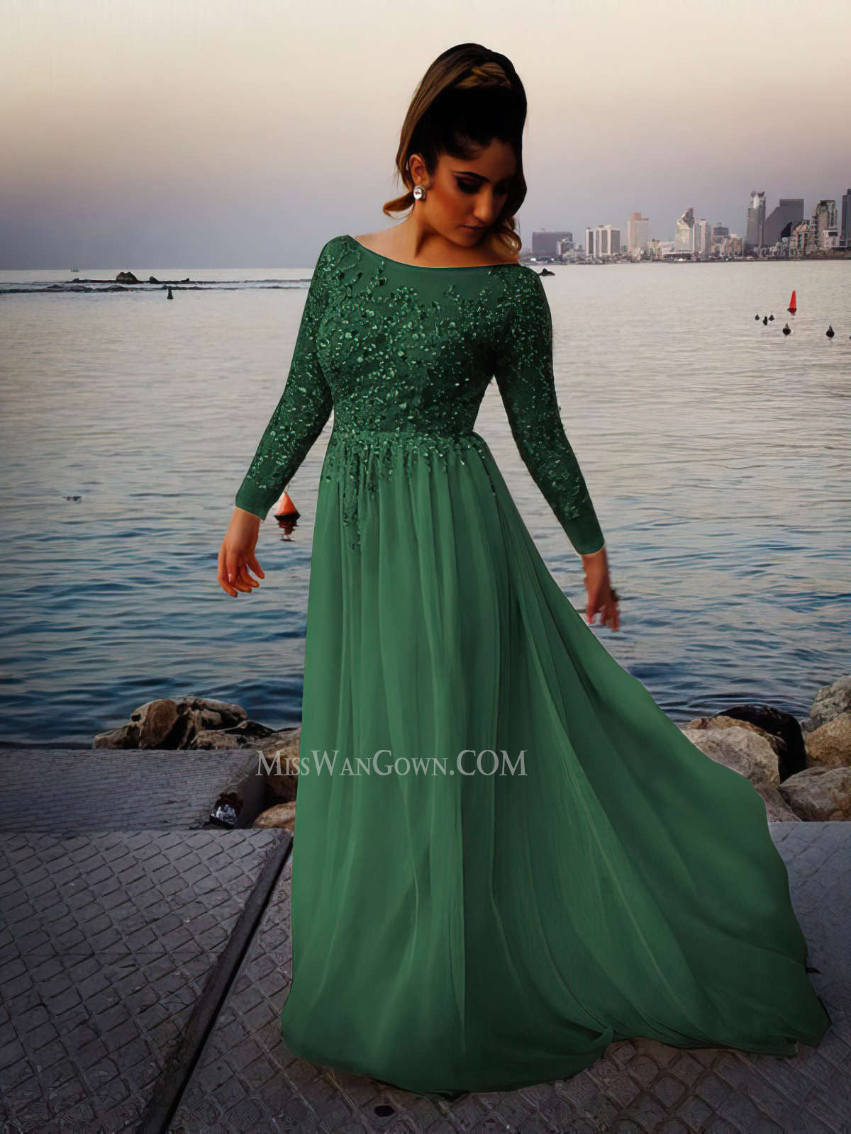 Long sleeves round neck handmade beading sequins prom dresses a line sweep train evening dresses LF820