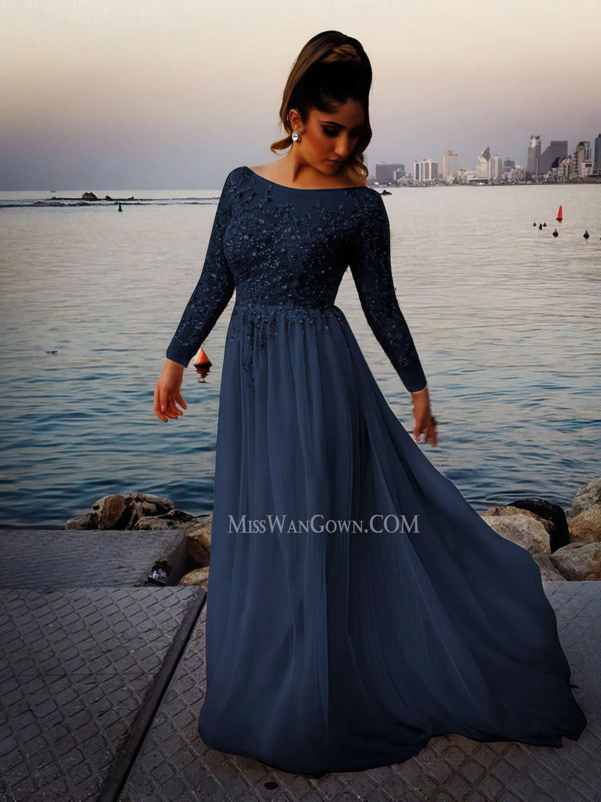 Long sleeves round neck handmade beading sequins prom dresses a line sweep train evening dresses LF820