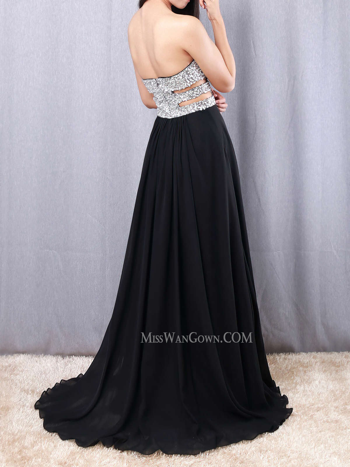 Sweetheart chiffon beading diamond prom dresses customized sweep train high split evening dresses LF819