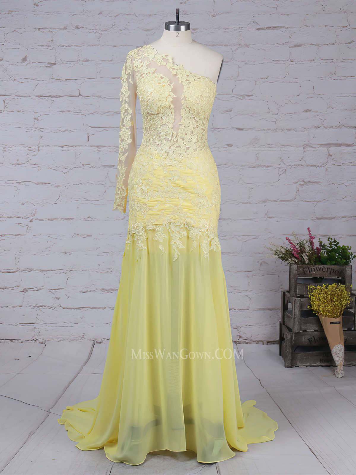 One shoulder chiffon appliqued prom dresses sweep train long sleeves evening dresses LF818