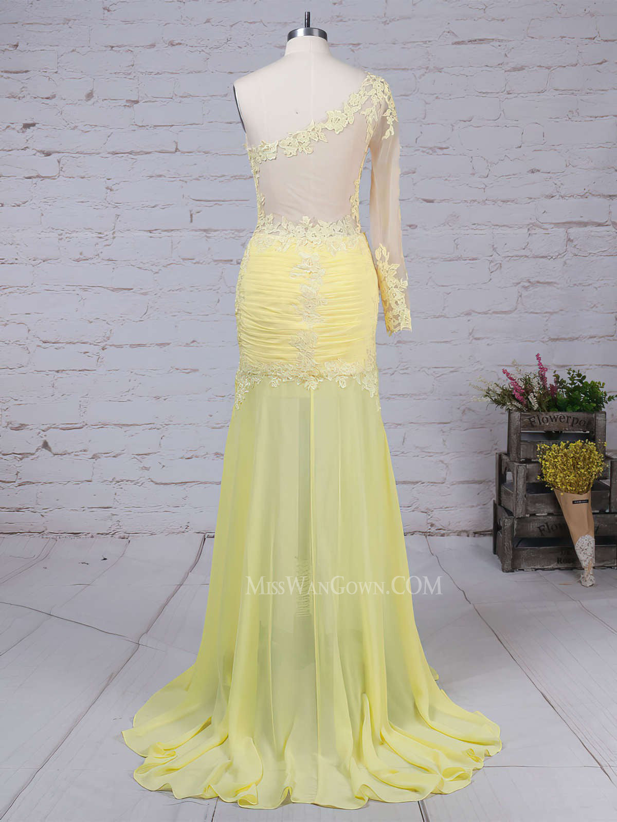 One shoulder chiffon appliqued prom dresses sweep train long sleeves evening dresses LF818