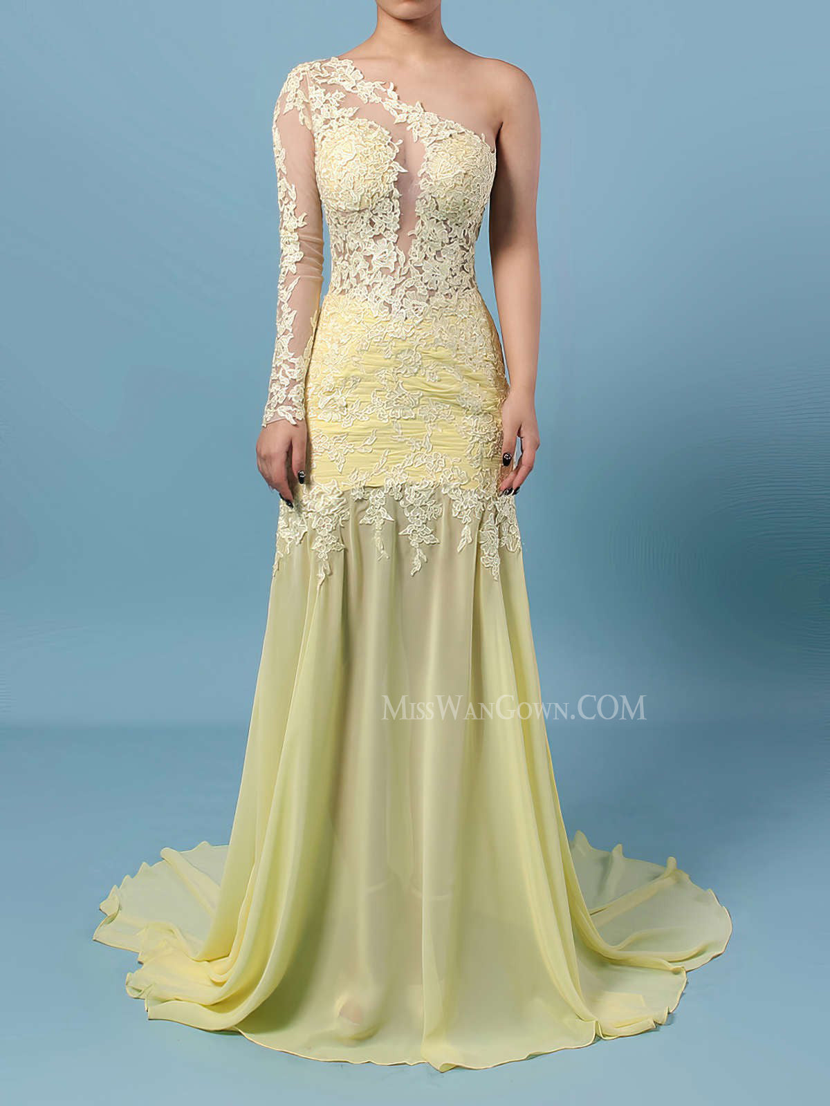 One shoulder chiffon appliqued prom dresses sweep train long sleeves evening dresses LF818