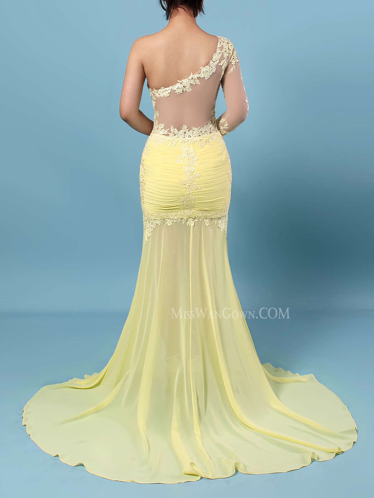 One shoulder chiffon appliqued prom dresses sweep train long sleeves evening dresses LF818