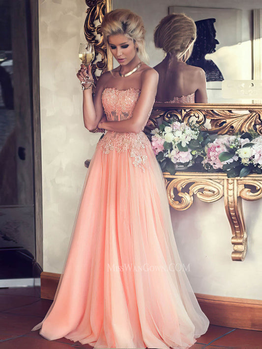 Strapless tulle appliqued beading prom dresses customized floor length evening dresses LF815