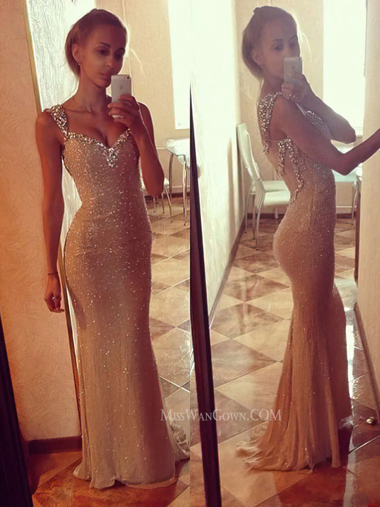 Sweetheart sequins beading prom dresses sweep train mermaid evening dresses LF813