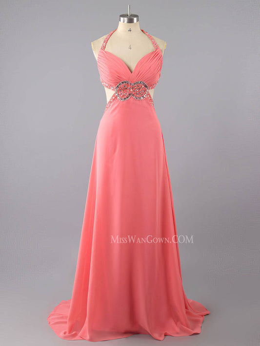 Halter sweetheart chiffon beading sequins prom dresses sweep train customized evening dresses LF811