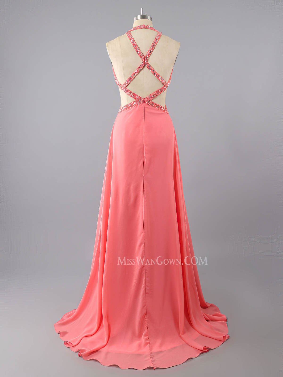 Halter sweetheart chiffon beading sequins prom dresses sweep train customized evening dresses LF811