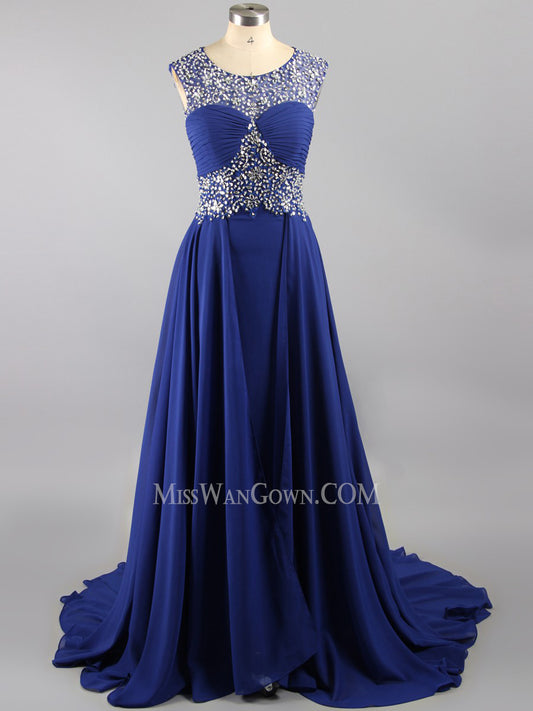 Round neck sweep train chiffon beading sequins prom dresses customized backless evening dresses LF804