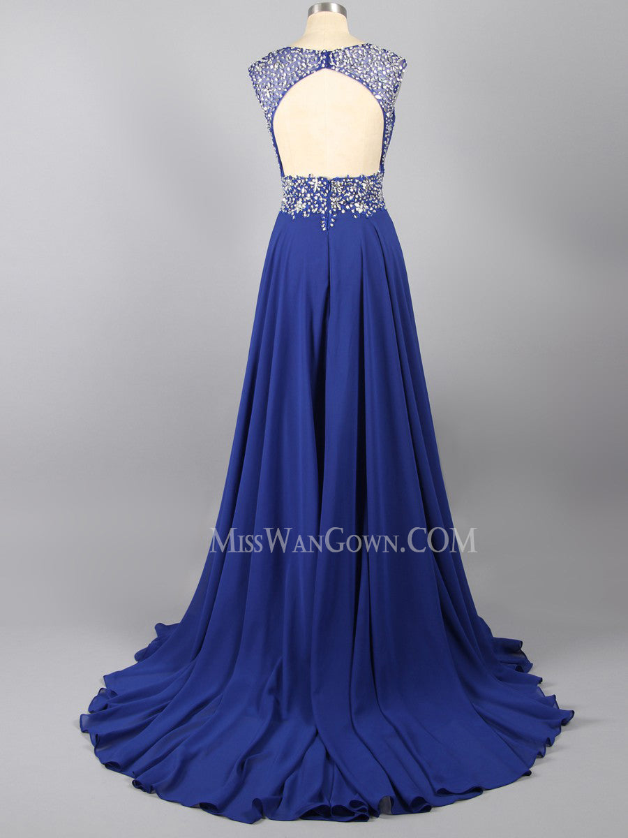 Round neck sweep train chiffon beading sequins prom dresses customized backless evening dresses LF804