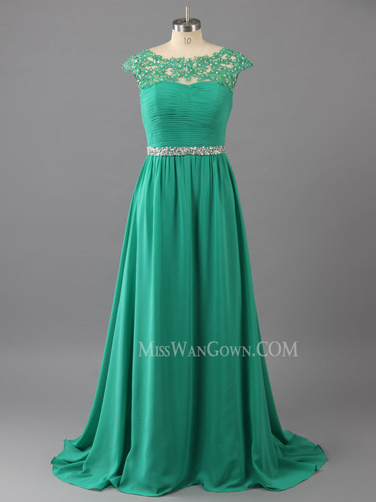 Round neck chiffon appliqued beading prom dresses sweep train a line evening dresses LF800