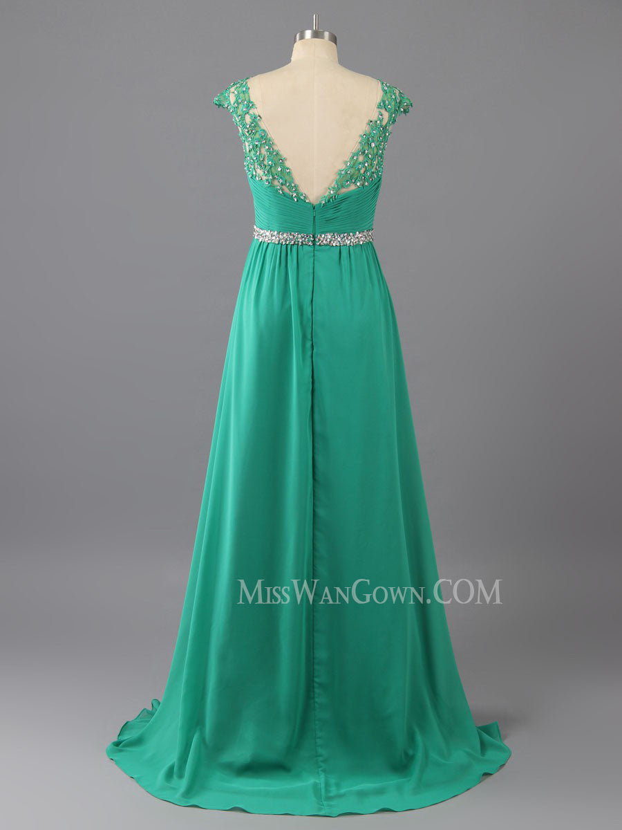 Round neck chiffon appliqued beading prom dresses sweep train a line evening dresses LF800