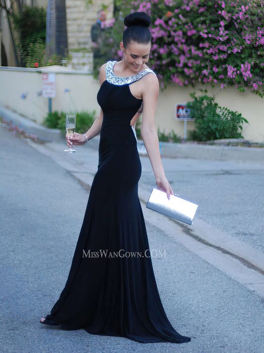 Halter black chiffon handmade beading prom dresses customized sweep train evening dresses LF782