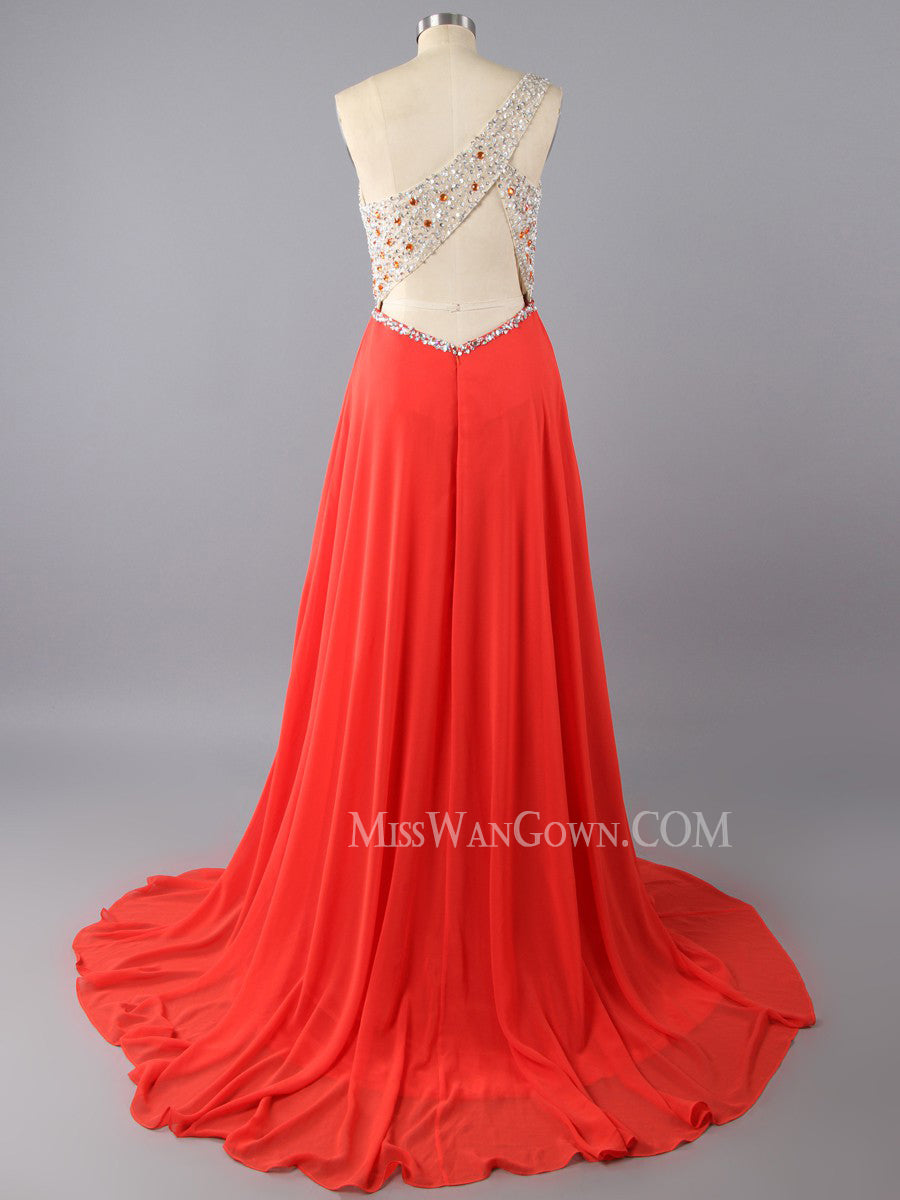 One shoulder chiffon beading sequins prom dresses sweep train customized evening dresses LF785